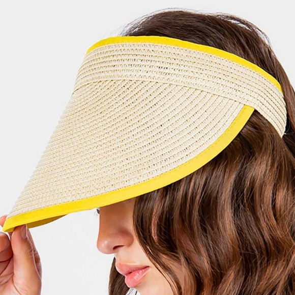 Yellow Trimmed Brim Straw Visor Womens Sun Hat Cap Cute Statement Accessory - Picture 3 of 3